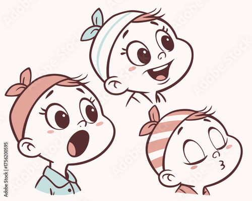 Three adorable baby faces with different expressions cartoon