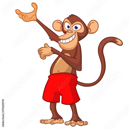 Cartoon funny monkey chimpanzee wearing shorts. Vector illustration isolated on white