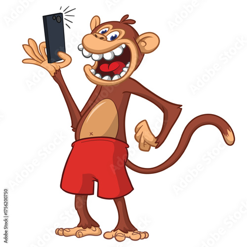 Cartoon funny monkey chimpanzee wearing shorts. Vector illustration isolated on white