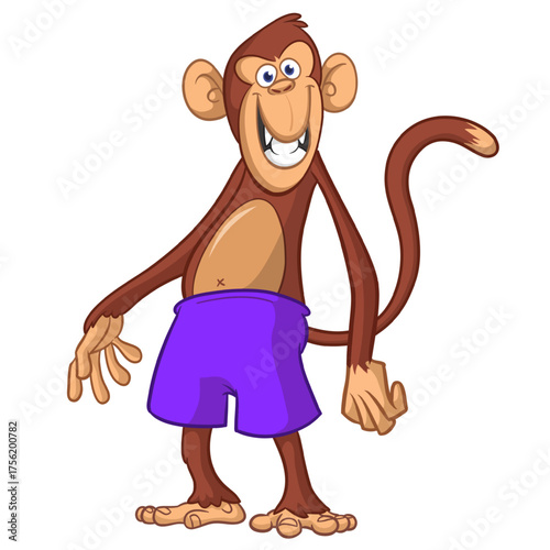 Cartoon funny monkey chimpanzee wearing shorts. Vector illustration isolated on white