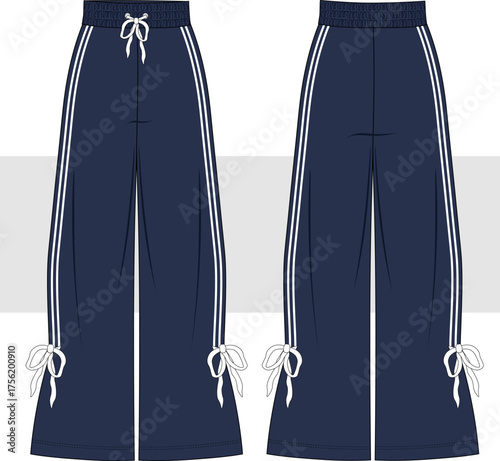Women's Wide Leg Sweatpants Fashion Technical Drawing, Illustration. Sports Pants with Bow Detail, Vector. Front and Back View. CAD, Mockup.