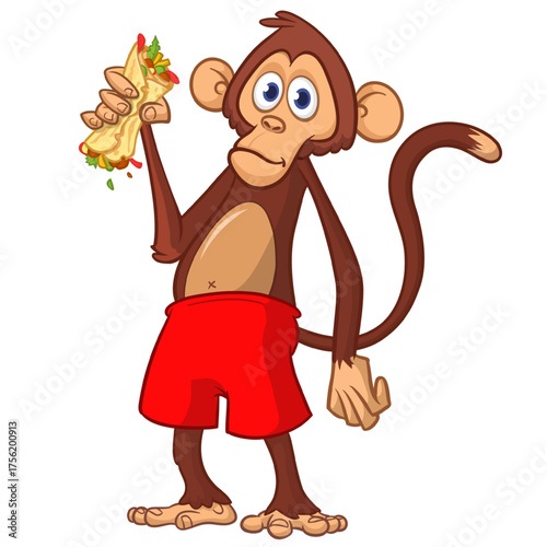 Cartoon funny monkey chimpanzee holding falafel or kebab in his hands. Vector illustration of happy monkey character design isolated.