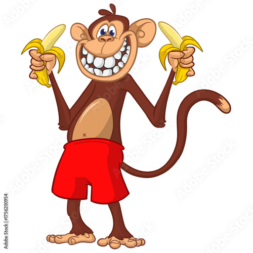 Cartoon funny monkey chimpanzee with banana in his hand. Vector illustration isolated on white