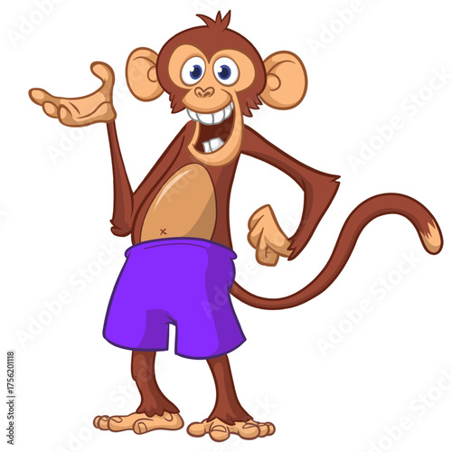 Cartoon funny monkey chimpanzee wearing shorts. Vector illustration isolated on white