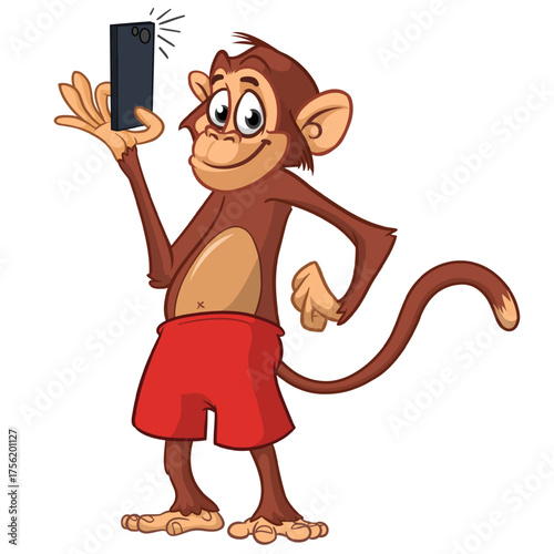Cartoon funny monkey chimpanzee wearing shorts. Vector illustration isolated on white
