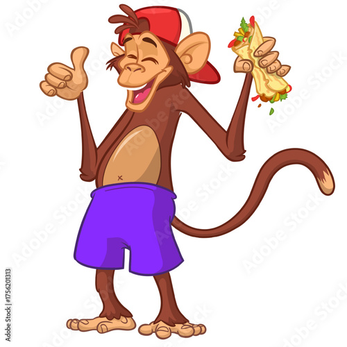 Cartoon funny monkey chimpanzee holding falafel or kebab in his hands. Vector illustration of happy monkey character design isolated.