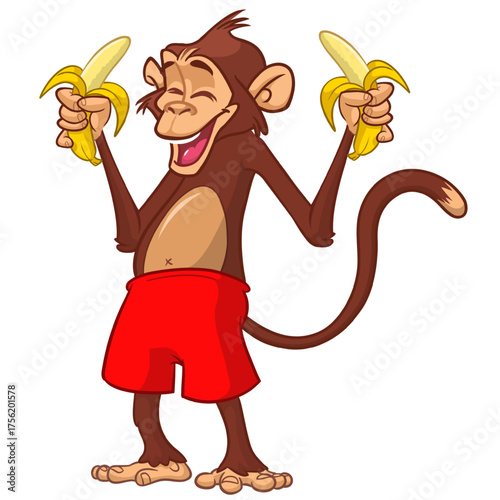 Cartoon funny monkey chimpanzee with banana in his hand. Vector illustration isolated on white
