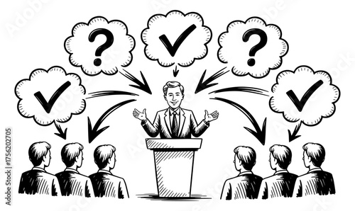 Business presenter speaking to audience with thought bubbles showing questions and decisions