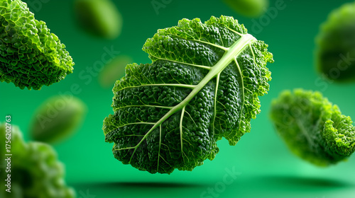Leaf of savoy cabbage on green background. Healthy food concept