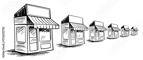 Perspective view of multiple retail storefronts with awnings in commercial street scene