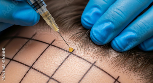 A powerful, close-up image showing a medical procedure for hair restoration, likely a PRP (Platelet-Rich Plasma) injection, on a patient's scalp
