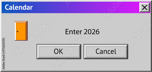2026 New Year themed dialogue box with door to enter 2026. Abstract vaporwave, y2k aesthetics window with 90s style system message