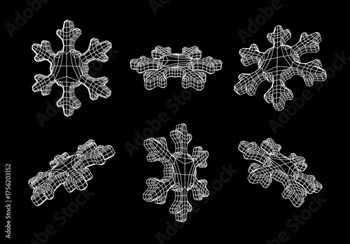 3D geometric snowflakes set, wireframe grid in white on black background for Christmas and winter festive decoration design