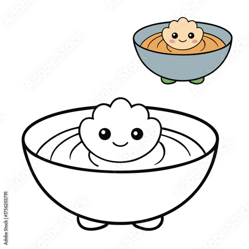 A fun clam chowder coloring page featuring a creamy bowl filled with clams, potatoes, and veggies, ready for kids to color with warm, tasty details.
