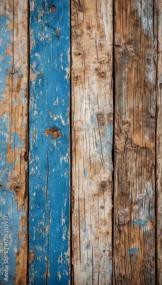 Fototapeta premium a close-up of weathered wooden planks featuring a central strip of chipped blue paint contrasted with surrounding brown and tan wood grain.