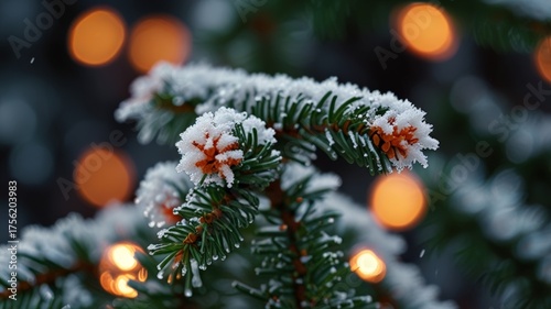 Closeup of Frosty Fir Tree Branch with Snow and Warm Bokeh Christmas Lights_8