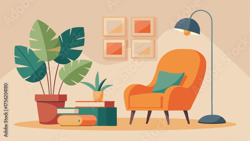 A cozy reading nook with a plush chair and ottoman flanked by a modern floor lamp and a large potted monstera plant.