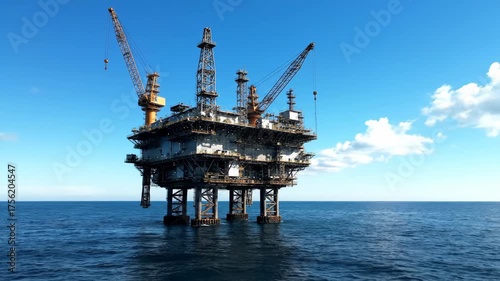 Offshore oil rig structure in bright blue ocean and clear sky