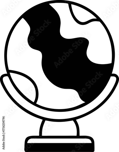 A minimalist line art icon of a desktop globe on its stand, showcasing simplified landmasses for global and educational concepts