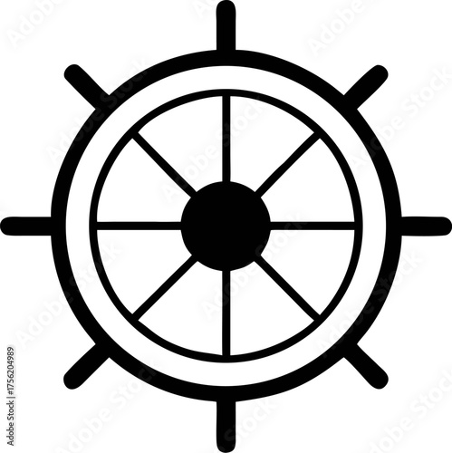 Simple black and white icon of a ship's helm or steering wheel, a timeless nautical symbol for navigation, direction, and maritime adventure