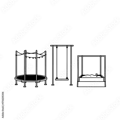 A set of gymnastics equipment including parallel bars, a high bar, and uneven bars. This black and white vector line art represents athletic training, fitness, calisthenics, physical exercise, and spo