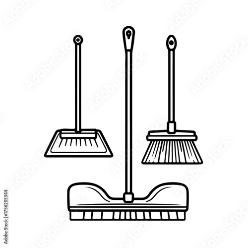  A minimalist black and white line art vector illustration of essential household cleaning tools. This set includes a broom, a push broom, and a dustpan, symbolizing tidiness, chores, and sanitation.