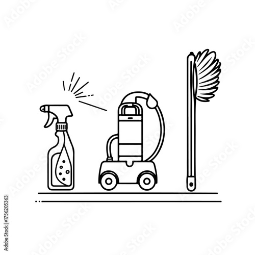 A professional cleaning service and janitorial supply icon set. This line art vector includes a spray bottle, a modern vacuum cleaner, and a feather duster, representing hygiene, sanitation, and house