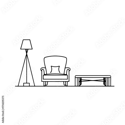 A minimalist interior design scene of a modern living room. This clean line art vector features an armchair, a floor lamp, and a low coffee table, creating a cozy, simple, and comfortable home atmosph