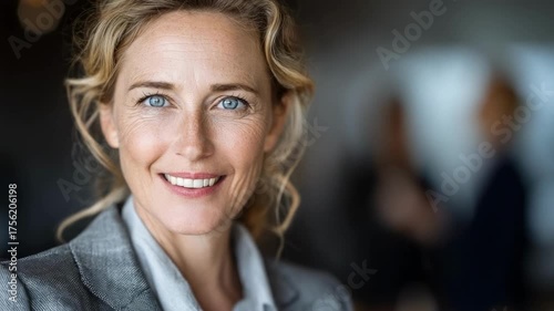 A smiling blonde woman in a gray blazer, head-and-shoulders portrait with a blurred office background.