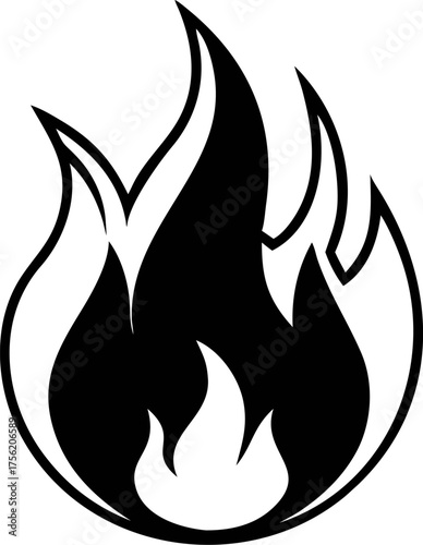 Simple black and white flame icon illustration. A graphic symbol conveying heat, energy, passion, warmth, and a warning for fire safety designs