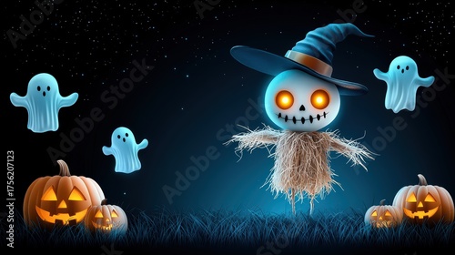 A spooky scarecrow with glowing eyes surrounded by carved pumkin