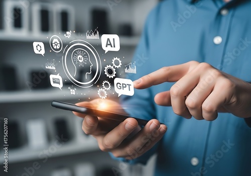 Digital transformation image of a hand on a smartphone, connected to a brain and gear graphic for AI business solutions.