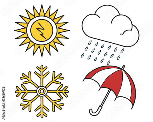 Weather icons including sun, cloud, snowflake, umbrella