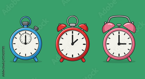 Three alarm clocks showing different times on a green background
