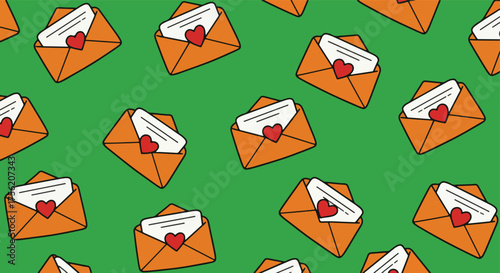 Seamless pattern of open envelopes with love letter on green background