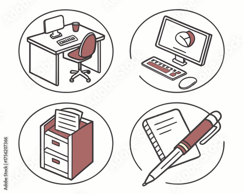 Office elements illustration featuring desk, computer, filing cabinet, and stationery