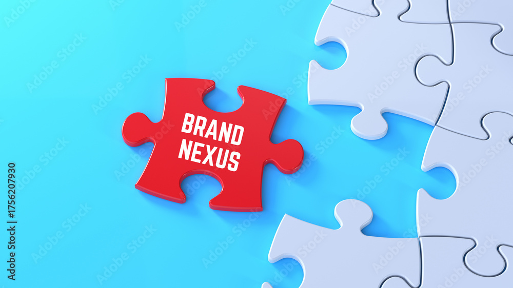 Fototapeta premium Brand Nexus text banner with Red Puzzle Piece Symbolizing Strategic Unity and Business Integration