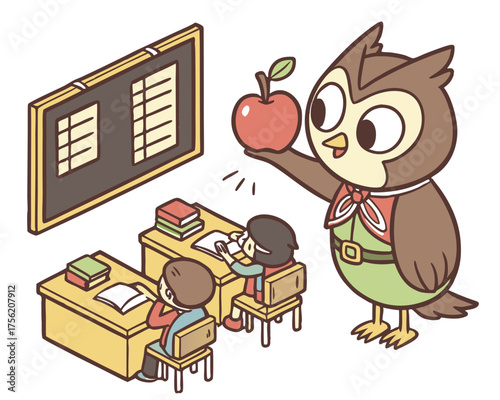 Cartoon owl teacher with apple in classroom with students