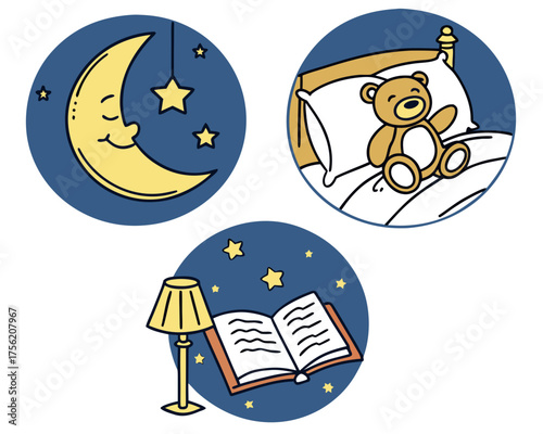 Cartoon illustration of bedtime routine icons