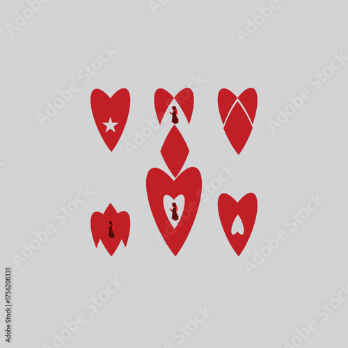  Abstract Red Heart Shapes with Silhouette Figures and Symbols