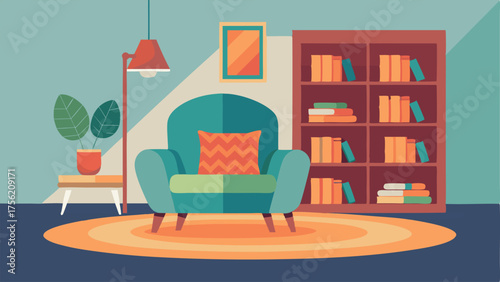 A cozy reading nook with builtin bookshelves a plush armchair and a geometric patterned area rug.