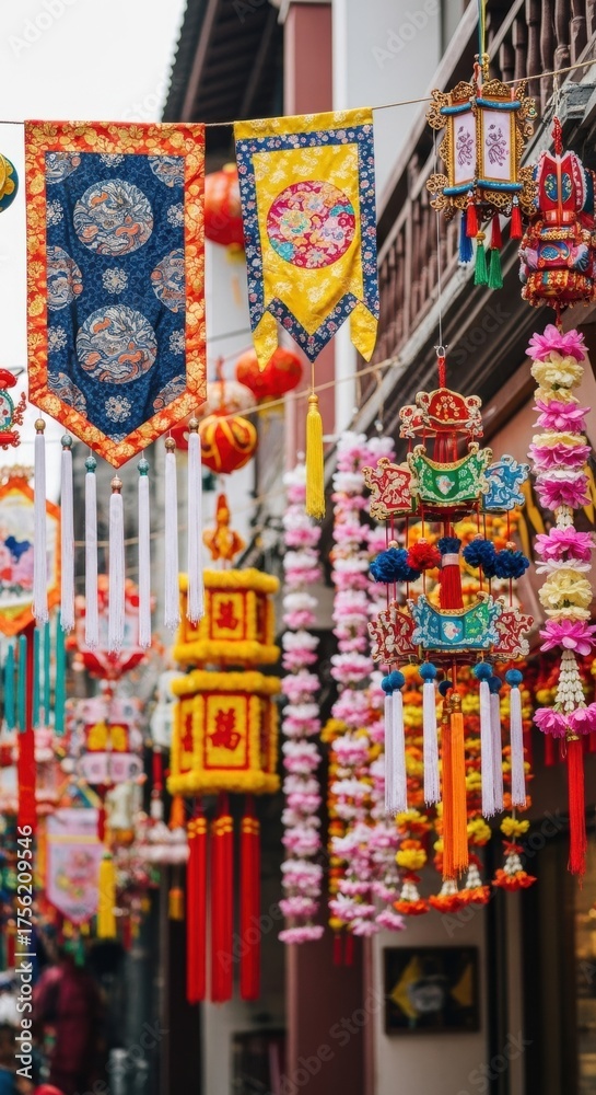 Fototapeta premium Colorful traditional chinese lanterns and decorations in a festive market