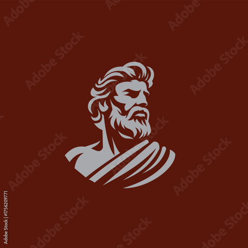 Vector illustration of a classical bust of an ancient Greek god or Roman philosopher. A powerful and wise masculine profile for a logo or emblem