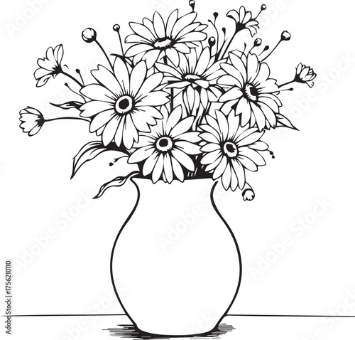 Floral vase vector illustration with blooming daisies and buds in detailed black and white design