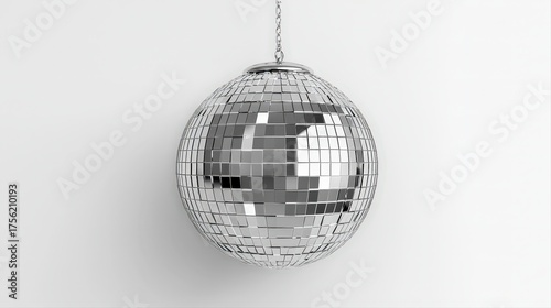 Realistic disco ball with mirrored surface hanging from metal