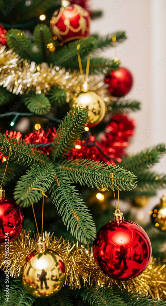 Fototapeta premium Decorated Christmas tree with red and gold ornaments. Festive holiday background with tinsel and baubles for the winter season. New Year celebration concept