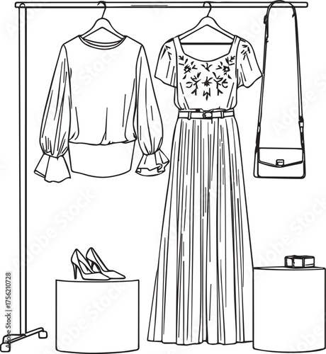 Black and white vector illustration of fashion display with blouse, pleated dress, handbag, and high heels