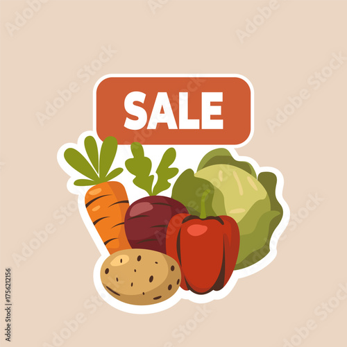 Colorful vector illustration promoting a vegetable  Features fresh produce like carrots, peppers, potatoes, beets, and cabbage under a bright “SALE” sign. Perfect for food or market ads.