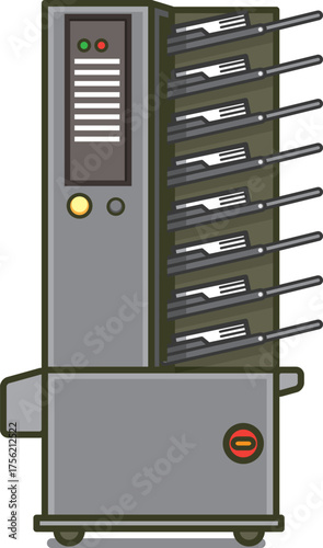 丁合機のイラスト（印刷物をページ順にそろえる製本機械）