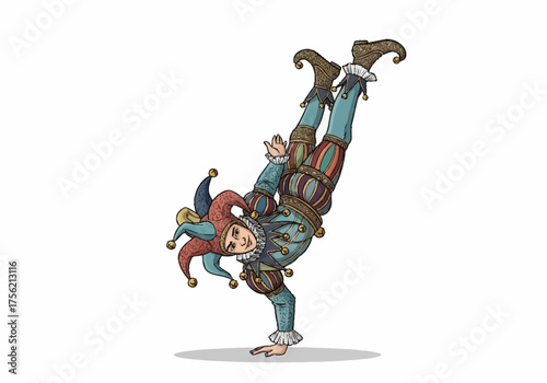 Jester performing a handstand with colorful costume.